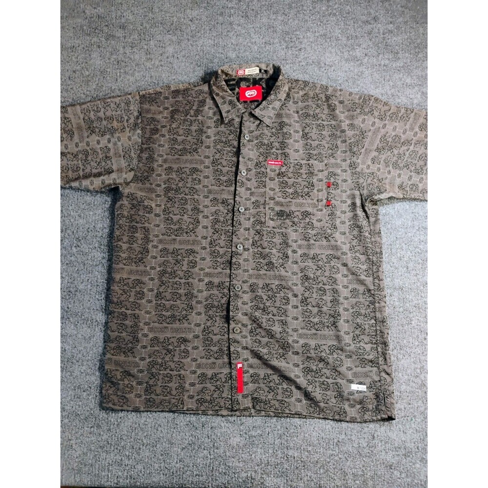 Ecko Unltd Button Up Shirt Mens XL Gray All Over Logo Print Y2K Streetwear